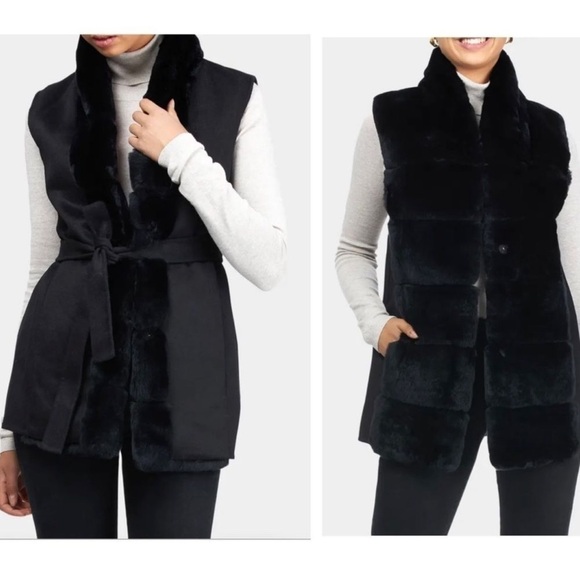 GORSKI Fur Reversible Rex Rabbit Vest with Wool Back and Belt NEW Size Small - Picture 1 of 10